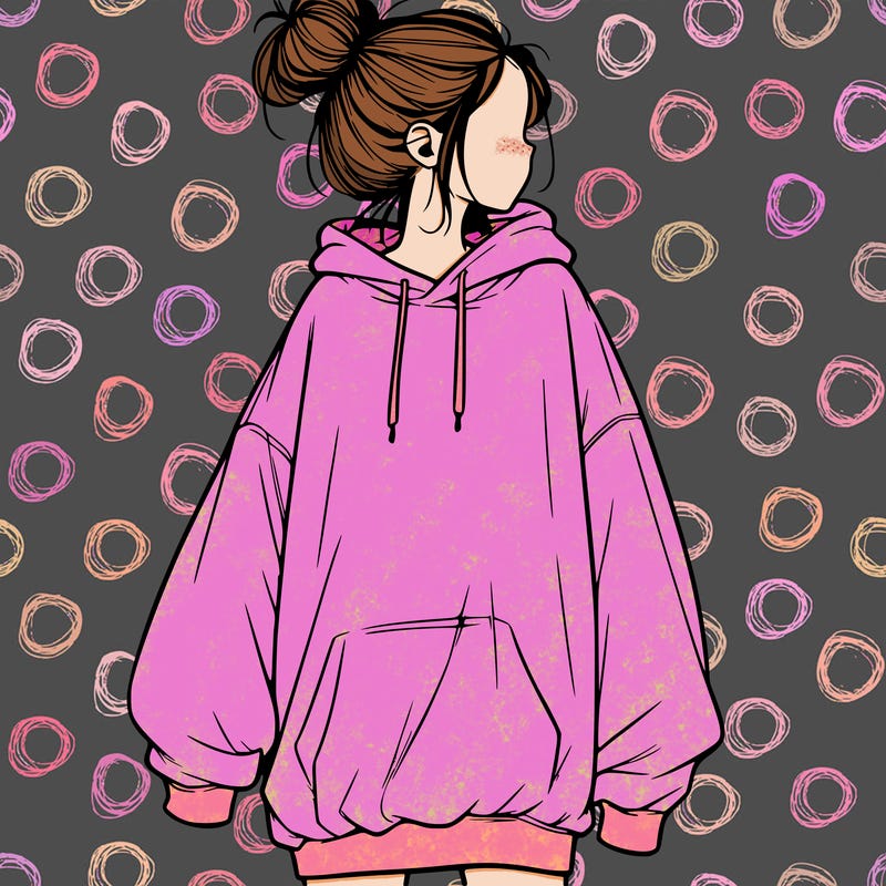 realistic girl with a oversized sweatshirt on and a bun