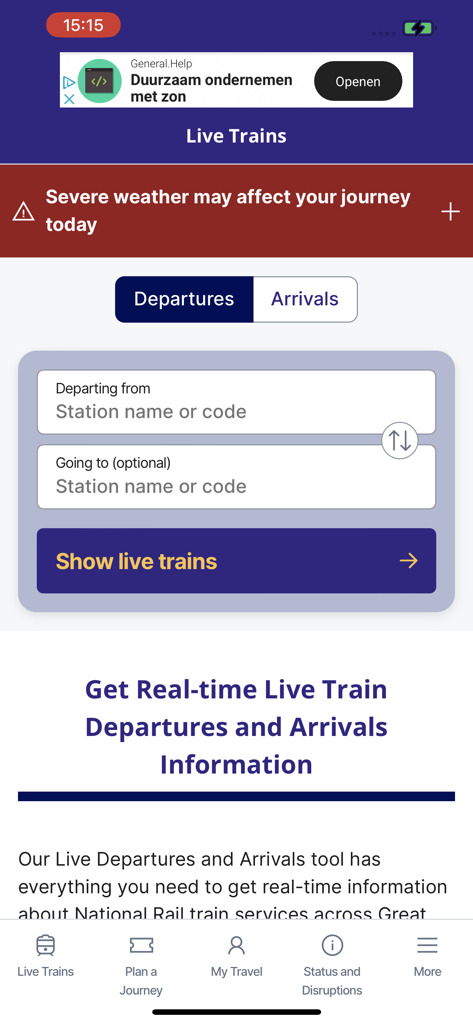National Rail - Interfaz de la aplicación National Rail para buscar salidas y llegadas de trenes en vivo