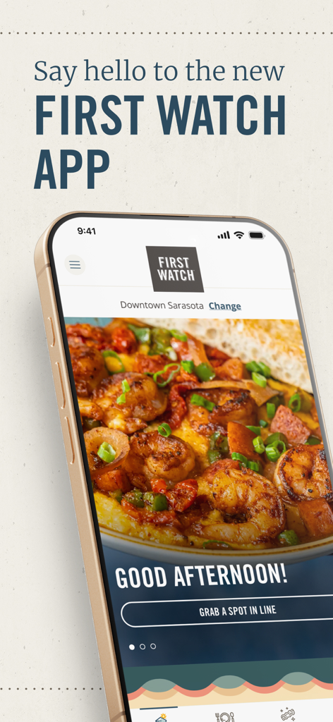First Watch Mobile App - Image promotionnelle pour la nouvelle application mobile First Watch montrant un plat de crevettes frais et le bouton Grab a spot in line sur un smartphone.