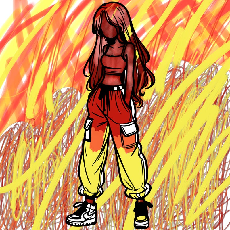 girl in baggy pants crop top and long hair