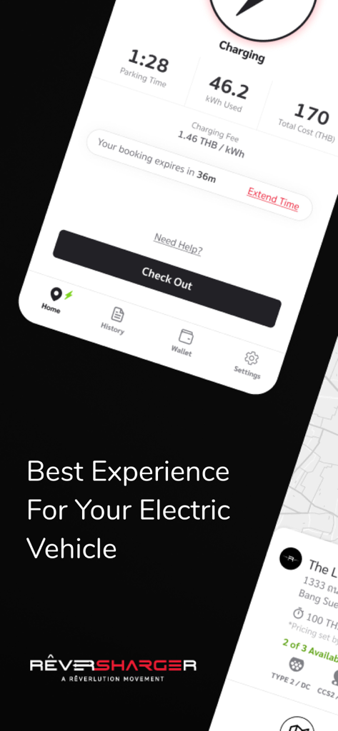 ReverSharger app interface showing real-time electric vehicle charging status and energy consumption metrics.