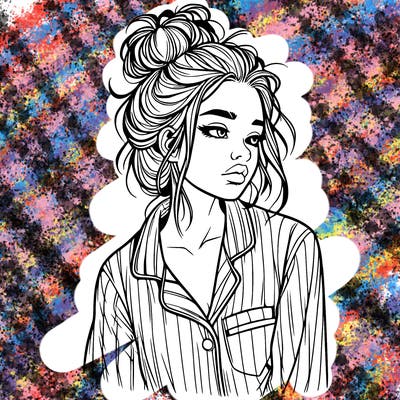 realistic woman with pajamas on and a messy bun