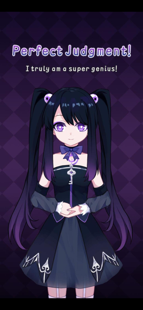 Personnage d'anime Miss Perfect avec le texte Perfect Judgment.