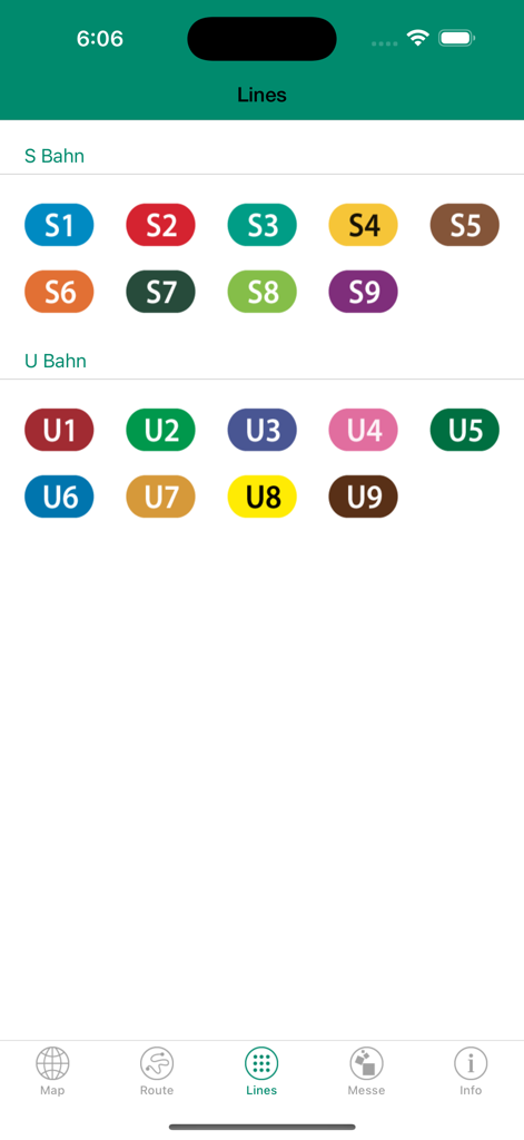 Lista de líneas de tren S-Bahn y U-Bahn de Frankfurt mostrada con iconos coloridos en la interfaz de la aplicación.