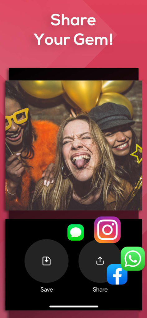 SlideShow Maker app interface showing social media sharing options like Instagram, Facebook, and WhatsApp