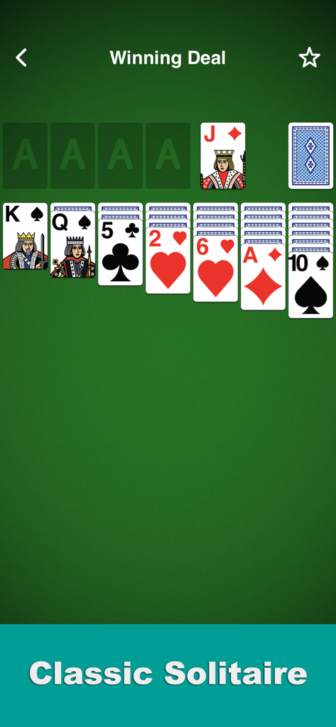 Solitaire: Classic - Interfaz del juego Classic Solitaire mostrando un reparto ganador en un fondo verde