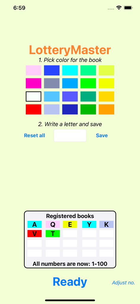 추첨 관리를 위해 티켓 색상 및 문자 선택을 위한 LotteryMaster 인터페이스