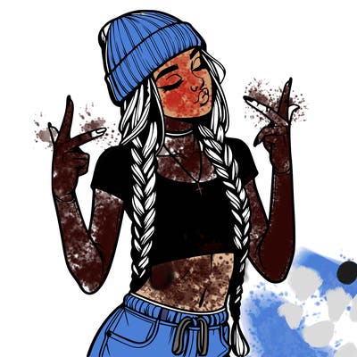 realistic teenage girl with braids and a beanie and crop top doing 🫶🏼