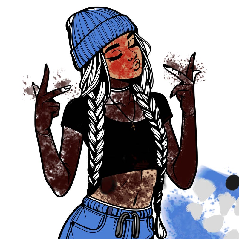realistic teenage girl with braids and a beanie and crop top doing 🫶🏼