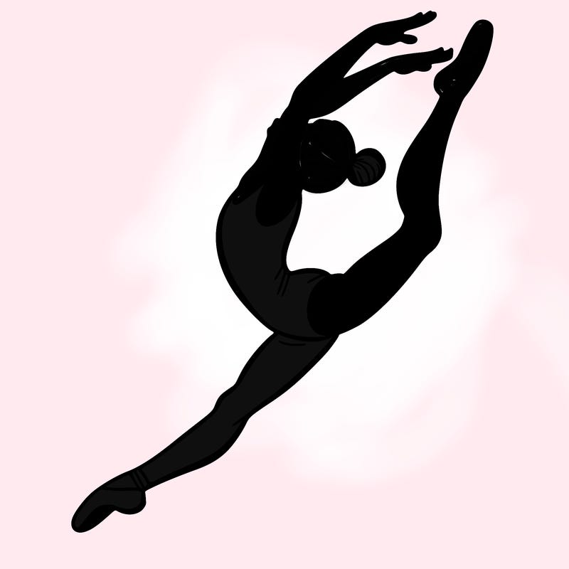gymnast doing a leap in a leotard with a bent back leg