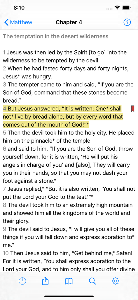 Eastern Orthodox Bible - A screenshot of the Eastern Orthodox Bible app showing Matthew chapter 4 with a highlighted verse and bookmark icon