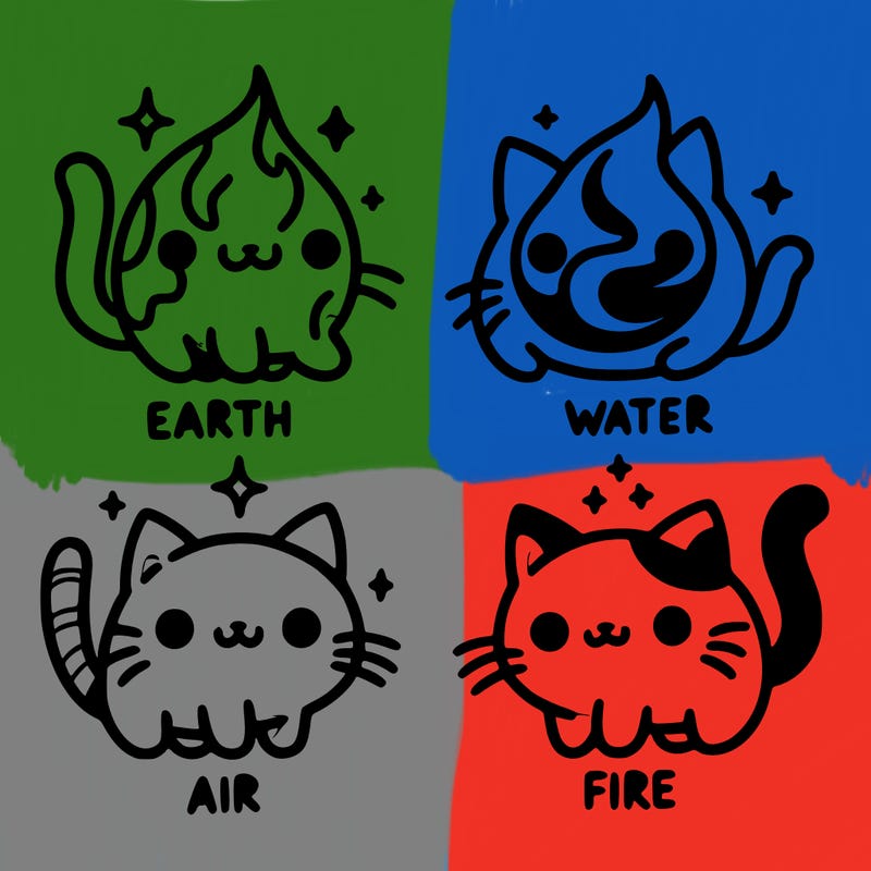 4 cats that represent the different elements, earth, water, air, and fire
