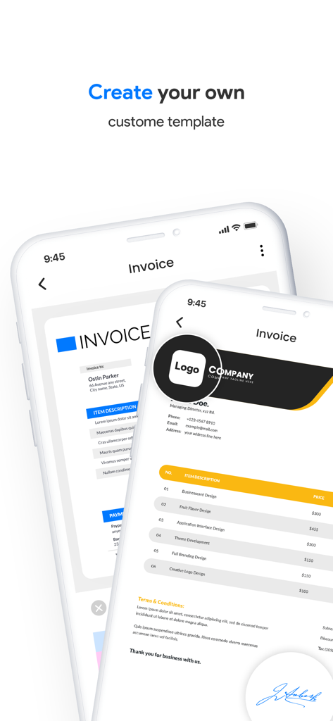 中小企業やフリーランサー向けのカスタマイズ可能な請求書テンプレートを示すモバイルアプリのインターフェース