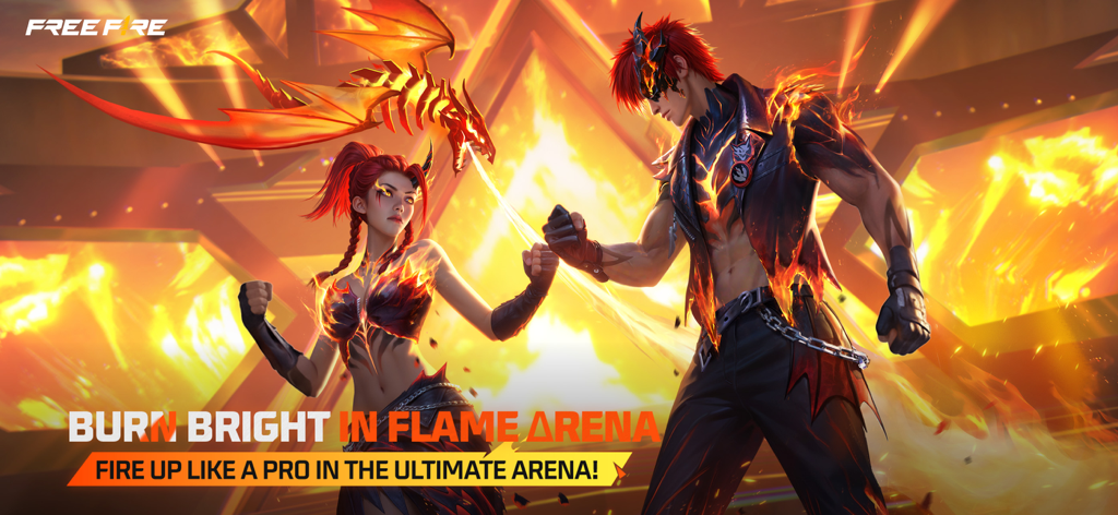 Gráfico promocional de Free Fire con personajes masculinos y femeninos con atuendos temáticos de fuego para la Arena de Llamas