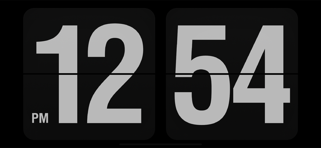 Minimalist digital flip clock interface from Fliqlo showing the time twelve fifty four PM in landscape mode
