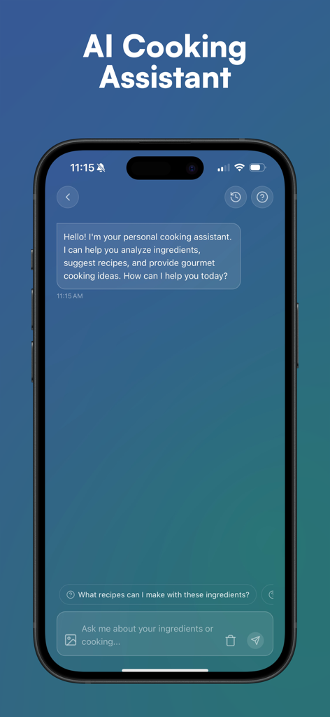 Cooksy - AI Recipe Generator - レシピの提案や料理のアドバイスのためのCooksy AI料理アシスタントチャットインターフェースを表示するスマートフォンの画面