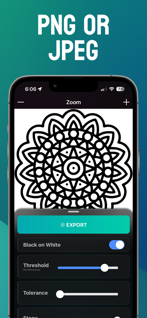 PNG to SVG: Vector Converter - App-Oberfläche des PNG zu SVG Vektorkonverters, die ein schwarz-weißes Mandala mit Schwellenwert- und Toleranzeinstellungen zeigt