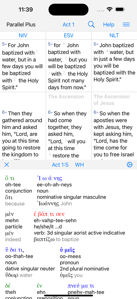 Parallel Plus Bible app interface showing parallel version comparison and Greek word parsing