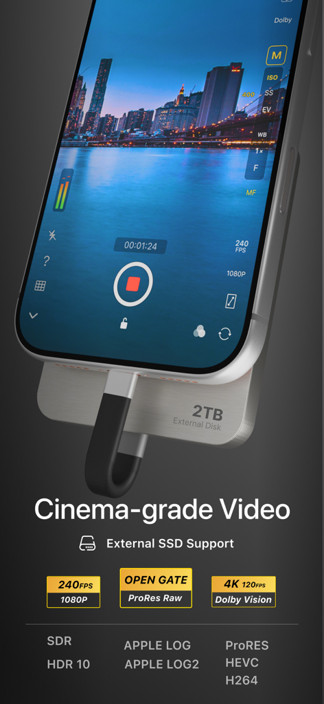Interface of Varlens app showing professional video recording features including external SSD support and pro codecs like ProRes and Apple Log.