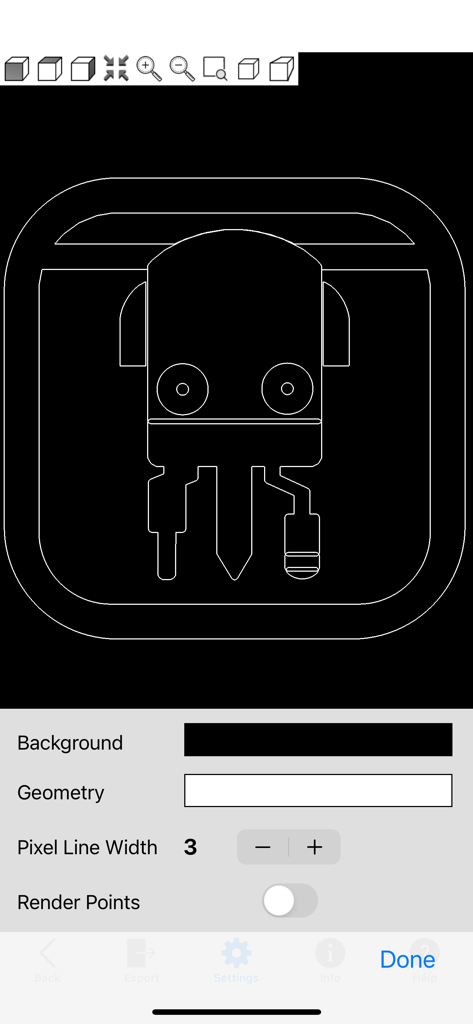 G-Code Viewer & Converter - Tela de configurações do aplicativo Visualizador de Código G para personalizar cor de fundo e espessura da linha de pixels com uma prévia da trajetória da ferramenta