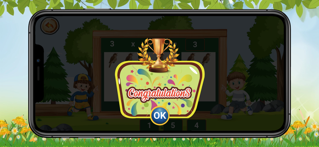 Basic maths learn - Congratulations message with a trophy icon in the Basic maths learn app