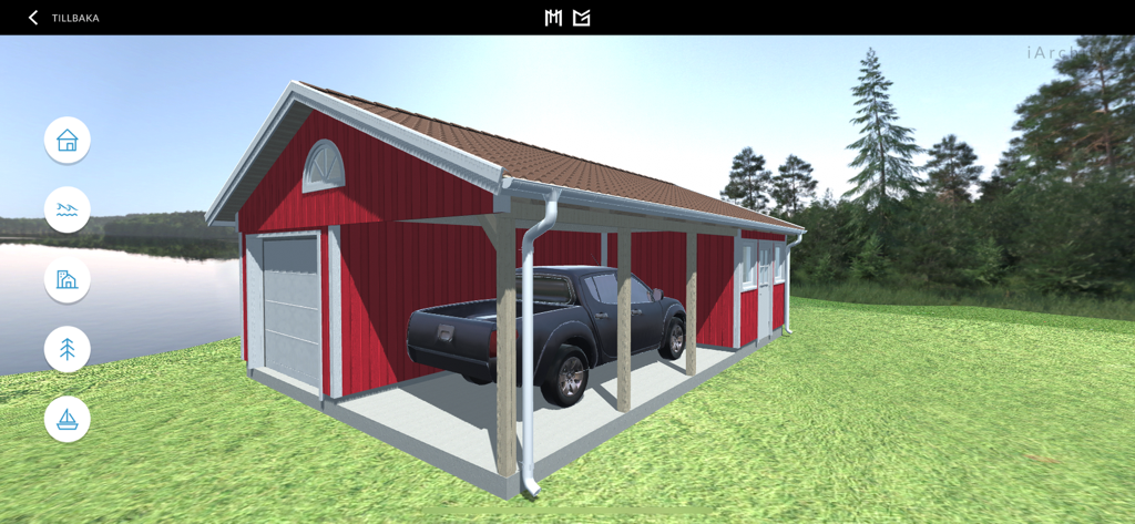 iArchitect - 3D visualization of a red garage and carport with a truck parked inside
