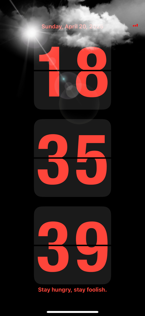 Flip Clock - Pomodoro & Focus - A vertical red flip clock display with a cloud weather background and motivational quote.