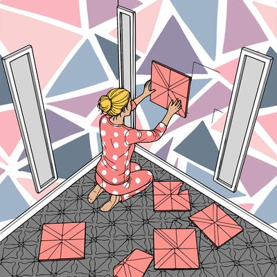 a realistic woman installing peel and stick tiles to her bedroom wall and adding frames on the edges of the wall with tile flooring