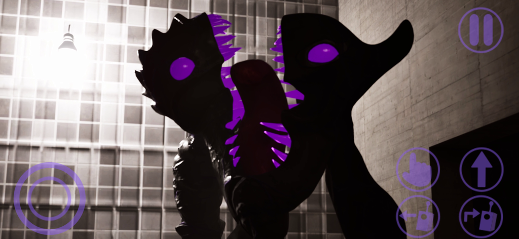 A dark monster with glowing purple eyes and spiky features in a room with tiled walls from Garten of Banban 7.