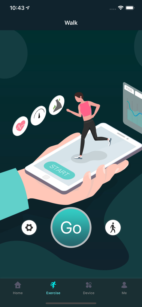 Ywatch - The walking exercise screen in the Ywatch app featuring a Go button and a fitness illustration