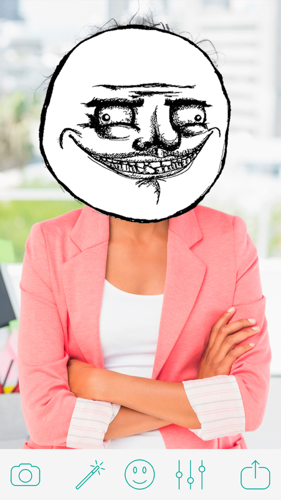A person with a troll face meme sticker edited over their head using the Troll Face Camera app