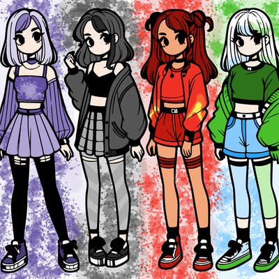 one girl with crop-top shirt and a jacket with a skirt, long socks and another girl with a shirt and pants with a jacket