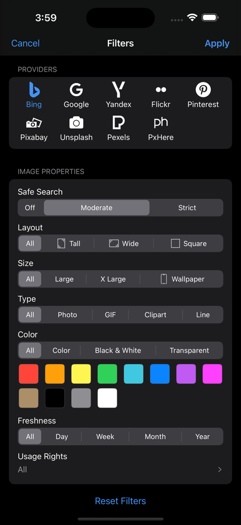 das Image Search and Explore - Advanced search filter interface showing provider selection and image properties like layout, size, and color.