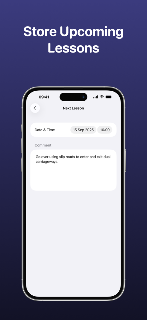 Interfaz para que los instructores de manejo programen próximas lecciones y registren comentarios de enseñanza.