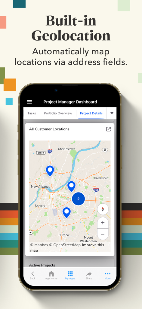 Quickbase - Quickbase app dashboard displaying the built-in geolocation feature with project locations on a map