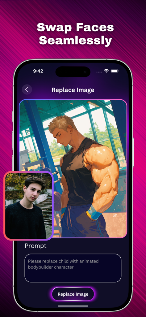 AI PHOTO EDITOR++++ - Interfaz de AI Photo Editor mostrando una función de intercambio de rostros con una indicación para reemplazar la foto del usuario con un personaje animado de culturista
