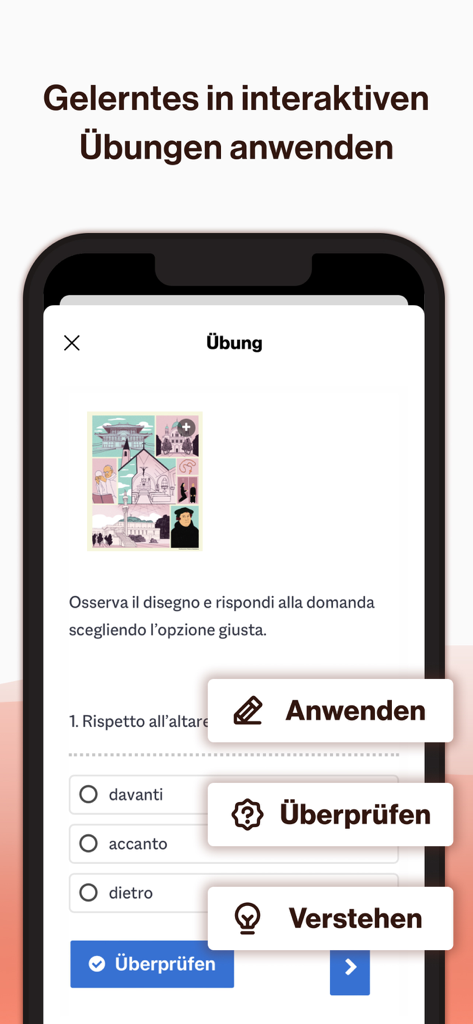 モバイル画面に、イラストと選択肢のあるインタラクティブなイタリア語の練習問題が表示されています。