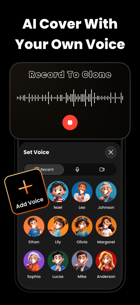VibeMe AI: Music Video Maker - VibeMe AI app interface showing voice recording for AI voice cloning and a selection of character avatars for music video creation.