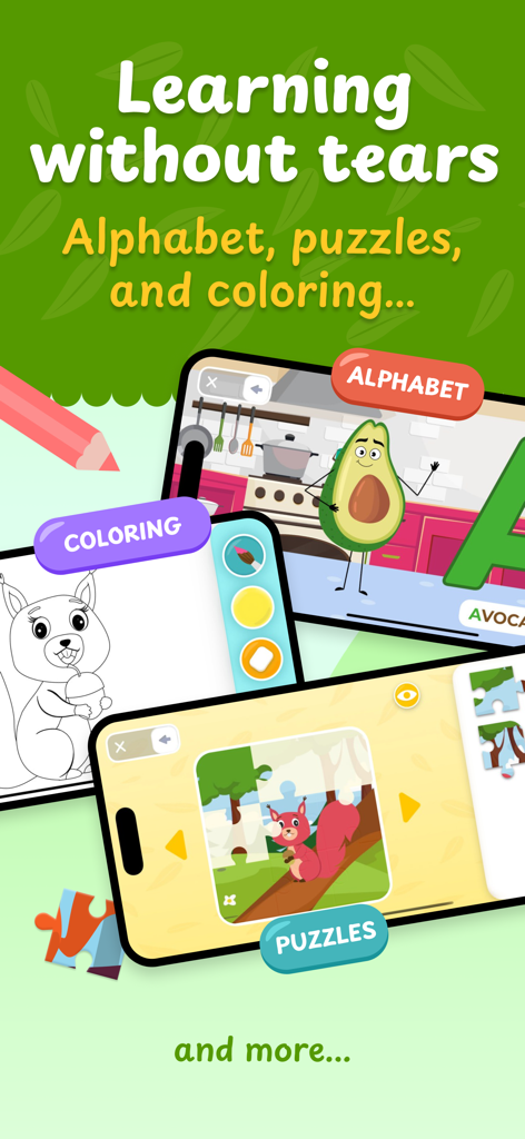 ABC. Learn Alphabet for Kids - Educational app for kids showing alphabet lessons coloring pages and jigsaw puzzles