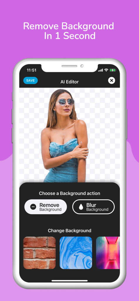 Background Remover app interface showing how to remove background from a photo in one second