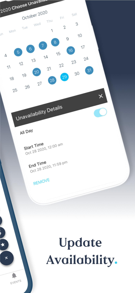 ShiftCare - ShiftCare mobile app screen showing a calendar where caregivers can set their unavailability dates and times