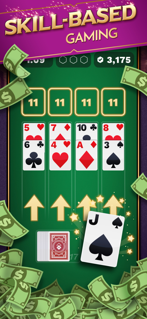 21 Blitz: Real Money Blackjack - A screenshot of 21 Blitz gameplay showing a combination of blackjack and solitaire with falling money graphics.