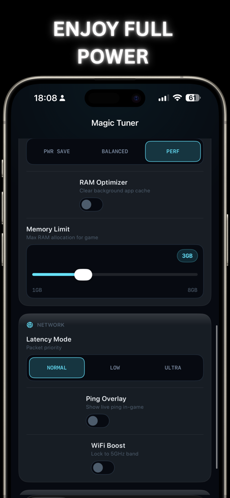 Magic Tuner: 120 FPS & Lag Fix - Magic Tuner app dashboard showing RAM optimization and memory limit controls.