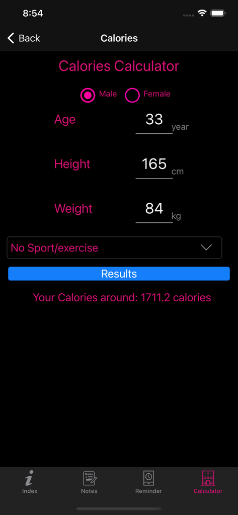 Interface of the calorie calculator in the Medical Acronyms Pro app showing daily calorie estimation based on age, height, and weight.