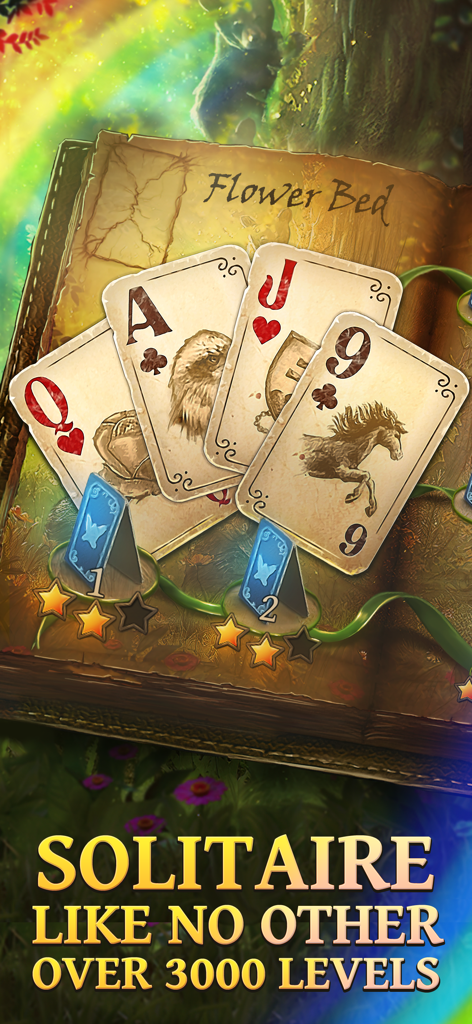 Solitaire Fairytale Game - A fairytale themed solitaire card game screen showing an open magical book with illustrated playing cards and level markers