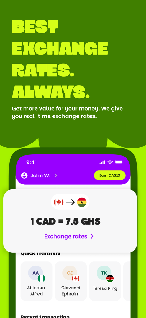 Misan by Bamboo: Pay & Send - Screenshot of the Misan by Bamboo app showing real-time exchange rates for CAD to GHS and a quick transfers menu.