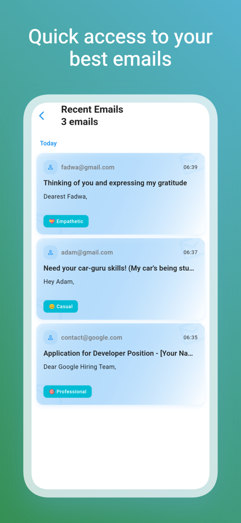 Ein Bildschirm innerhalb der KI-E-Mail-Assistent-App, der eine Liste aktueller E-Mails zeigt, kategorisiert nach Tönen wie empathisch, lässig und professionell