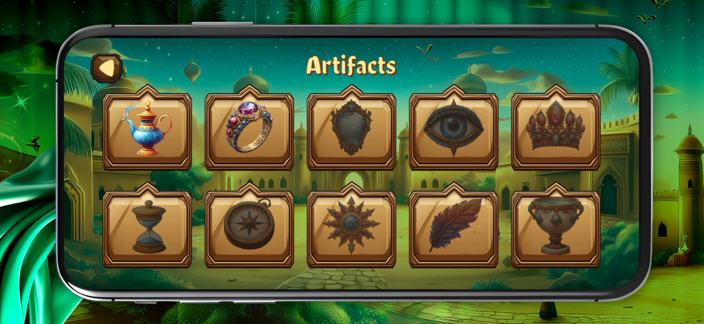 Geen Sultan: Wild Desert - Artifacts collection screen in Geen Sultan Wild Desert showing mythical items like a magic lamp, crown, and hourglass