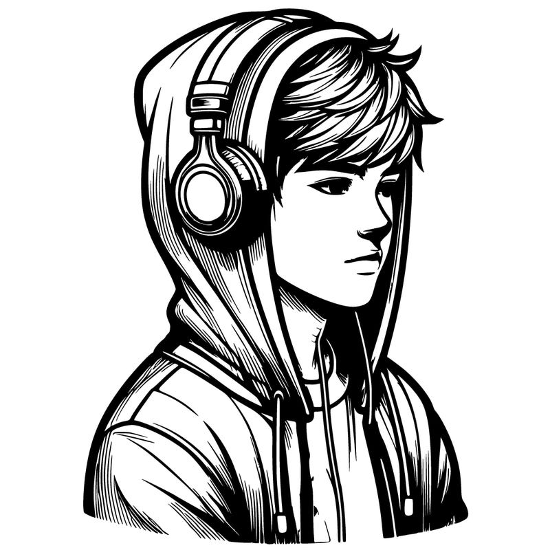 realistic teen boy wearing headphones and a hoodie