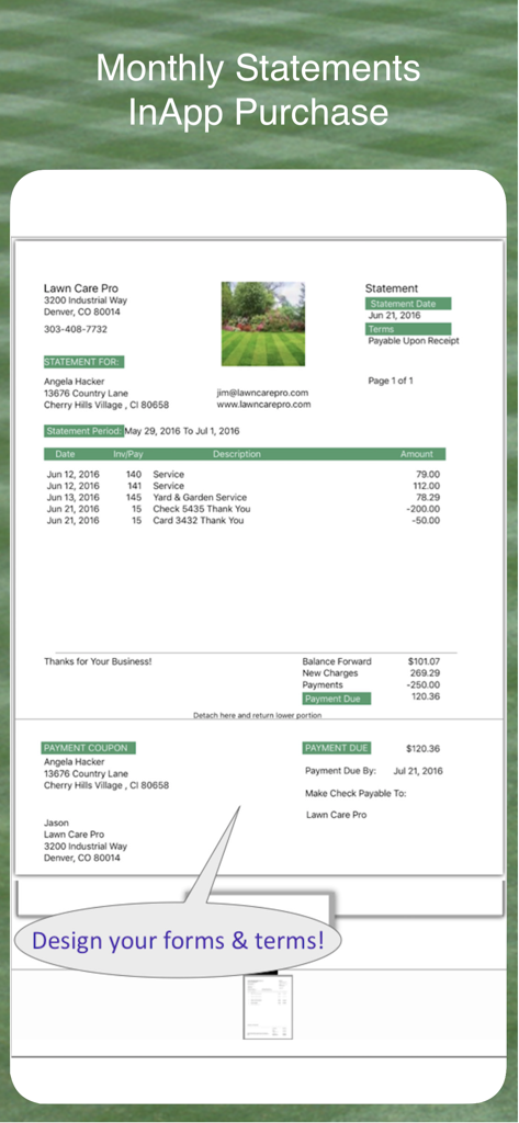 Professional monthly statement and payment coupon for a lawn care business.
